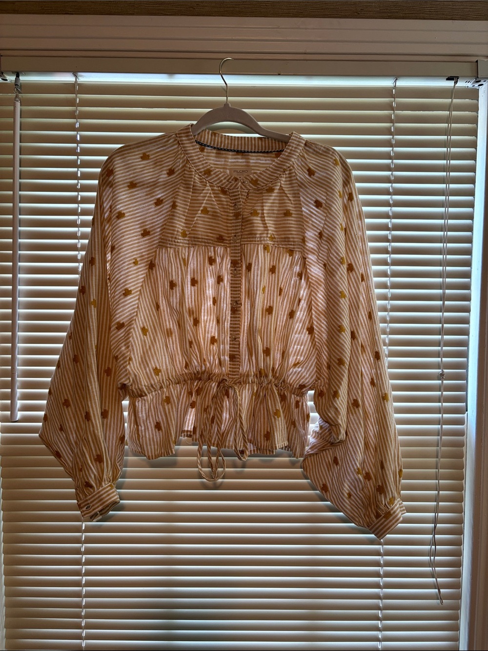 Pilcro Cream and Mustard Striped Drawstring Peasant Blouse - Adorable